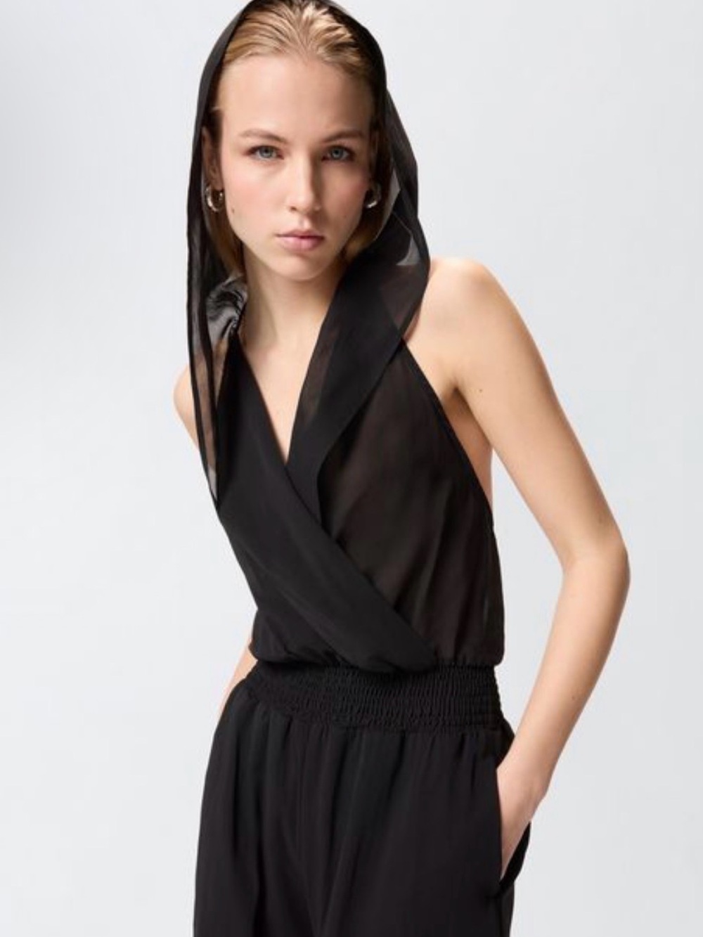 Pinko Black Sheer Draped V-Neck Hooded Jumpsuit